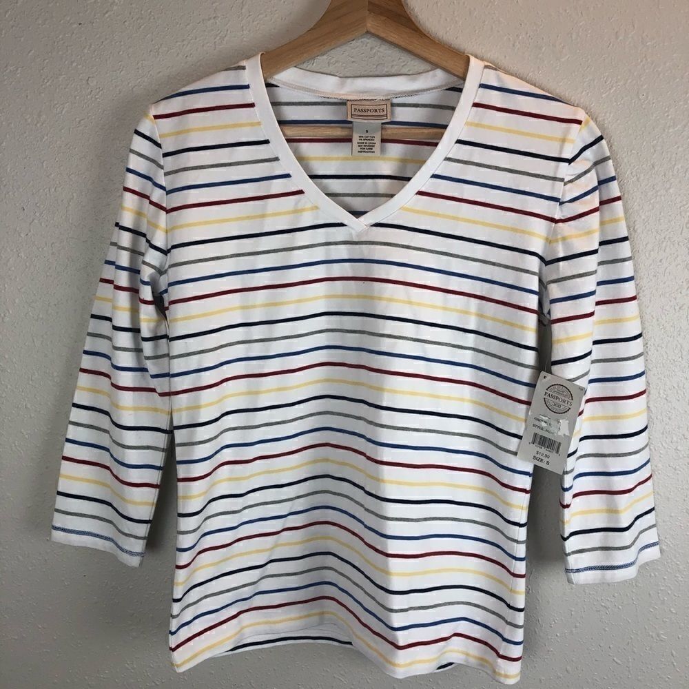 NWT Passports Striped V Neck Top Size S